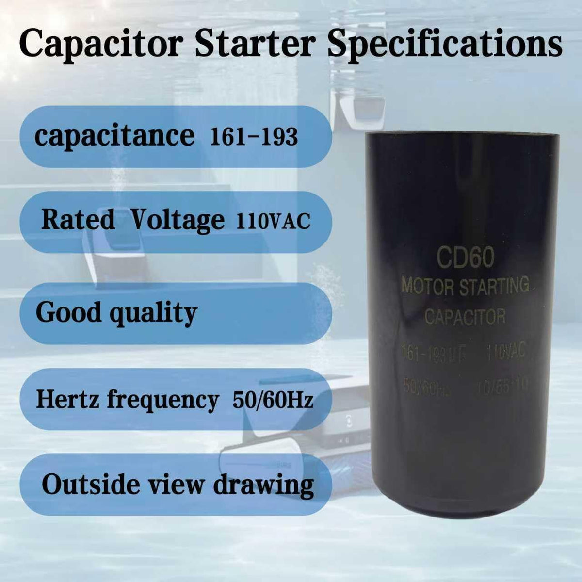 Pool Pump Motor Start Capacitor 161-193 uF 110-125 VAC 50/60 Hz CD60