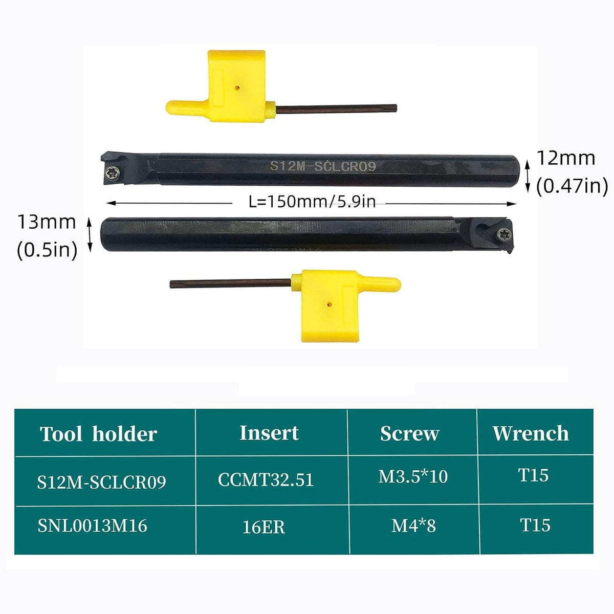 12pcs 1/2in Shank Indexable Boring Bars Turning Tool Holder S12M-SCLCR09 SNL0013M16 with Indexable Carbide Turning Insert CCMT32.51 and Threading Inserts 16ER AG60