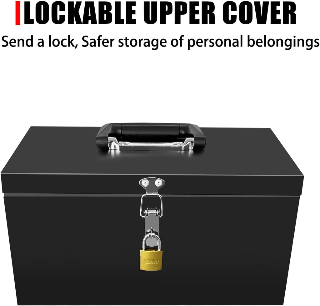 Small Steel Metal Tool Box, Lockable Storage Box for Storing Valuable Items, Office Documents, Garage Tools (12" Black)