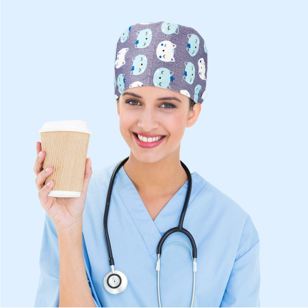 10 Pieces Women Scrub Caps Surgical Nurse Working Hats with Button and Sweatband Adjustable Elastic Nursing Bouffant