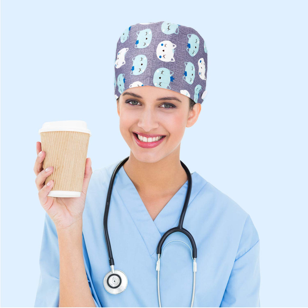 6 Pcs Women Nurse Scrub Caps with Button, Sweatband, Adjustable