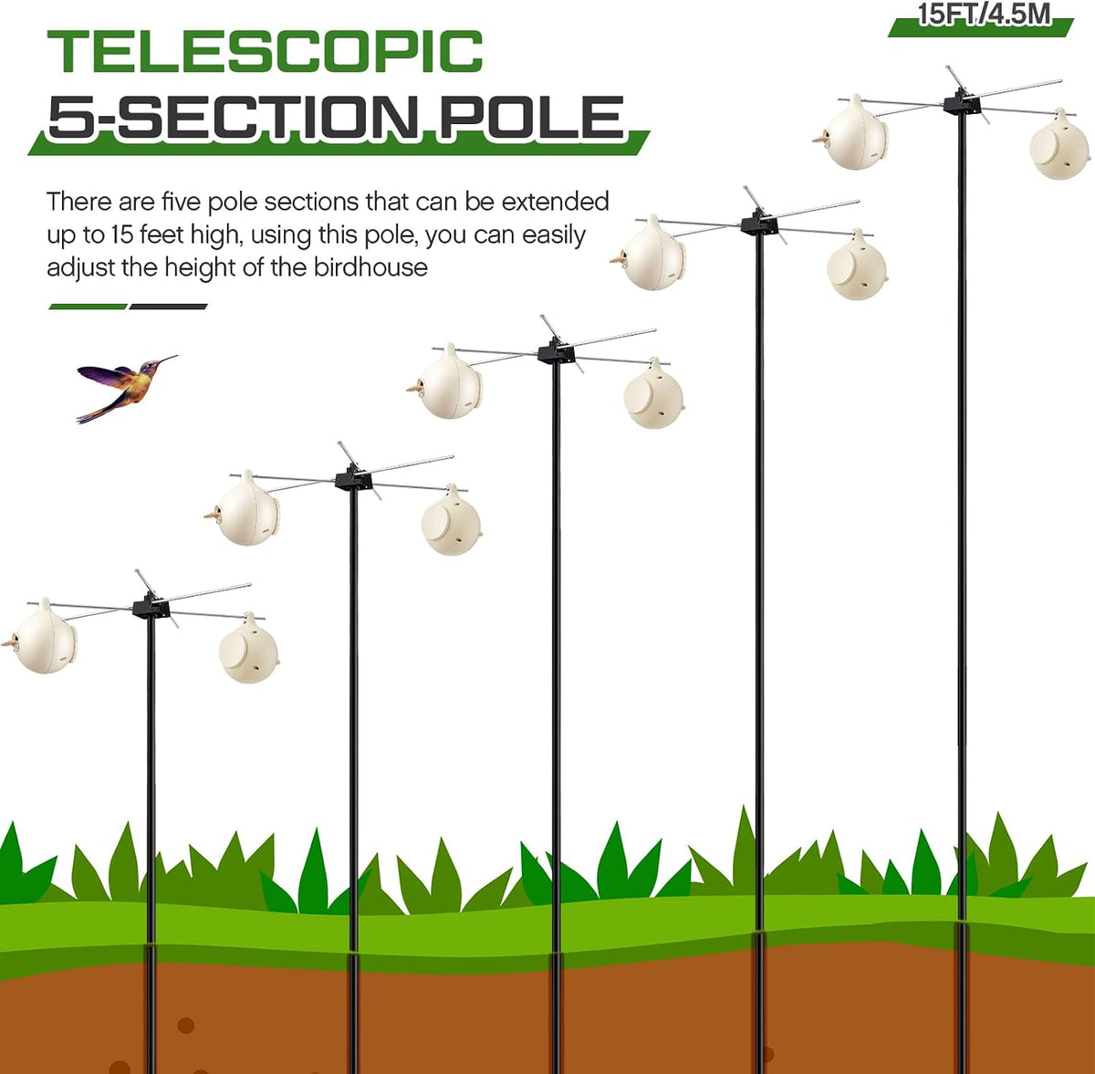 15' Telescoping Martin House & Gourd Pole, Purple Martin Housing Kit Durable Birdhouse Mounting System with Gourd