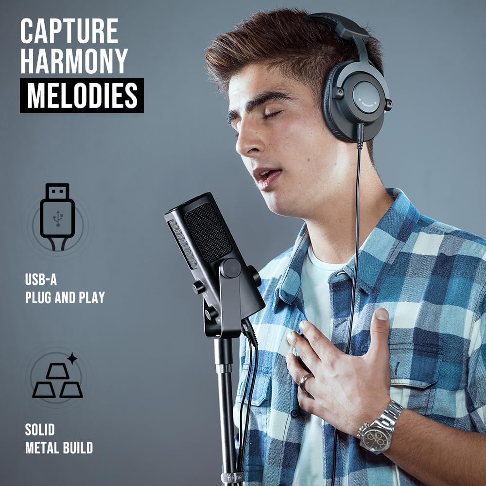 AmpliTank PROFILE3 USB Condenser Microphone for Studio Podcast | Desktop Computer Recording Mic, Monitor Mix, Volume