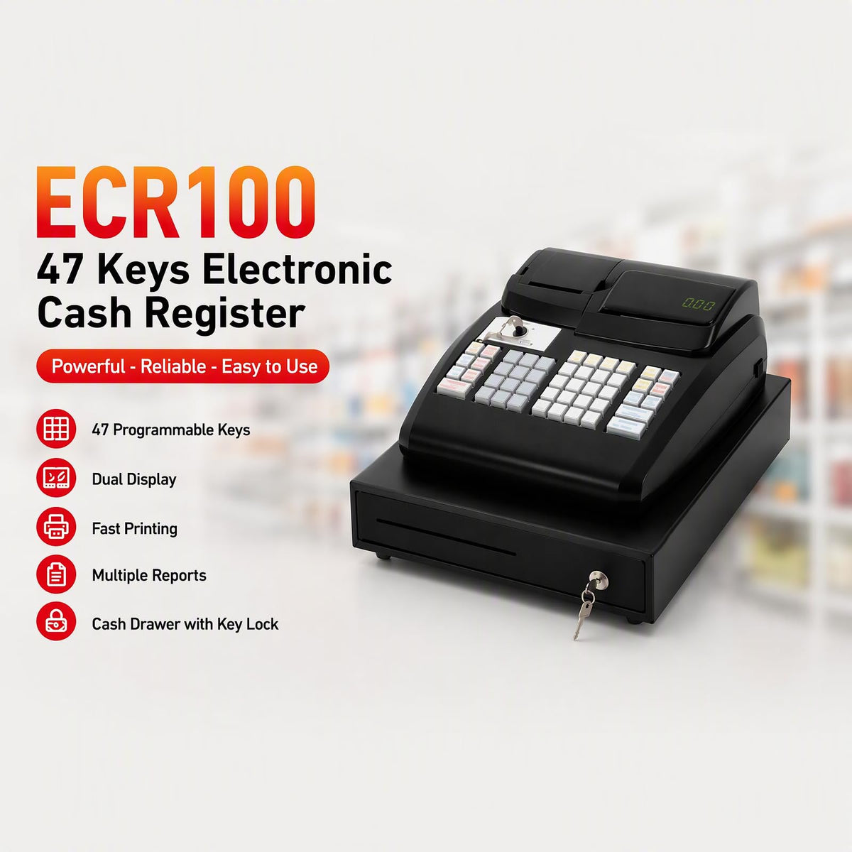 47-Key Electronic POS Cash Register w/LED Display & Drawer