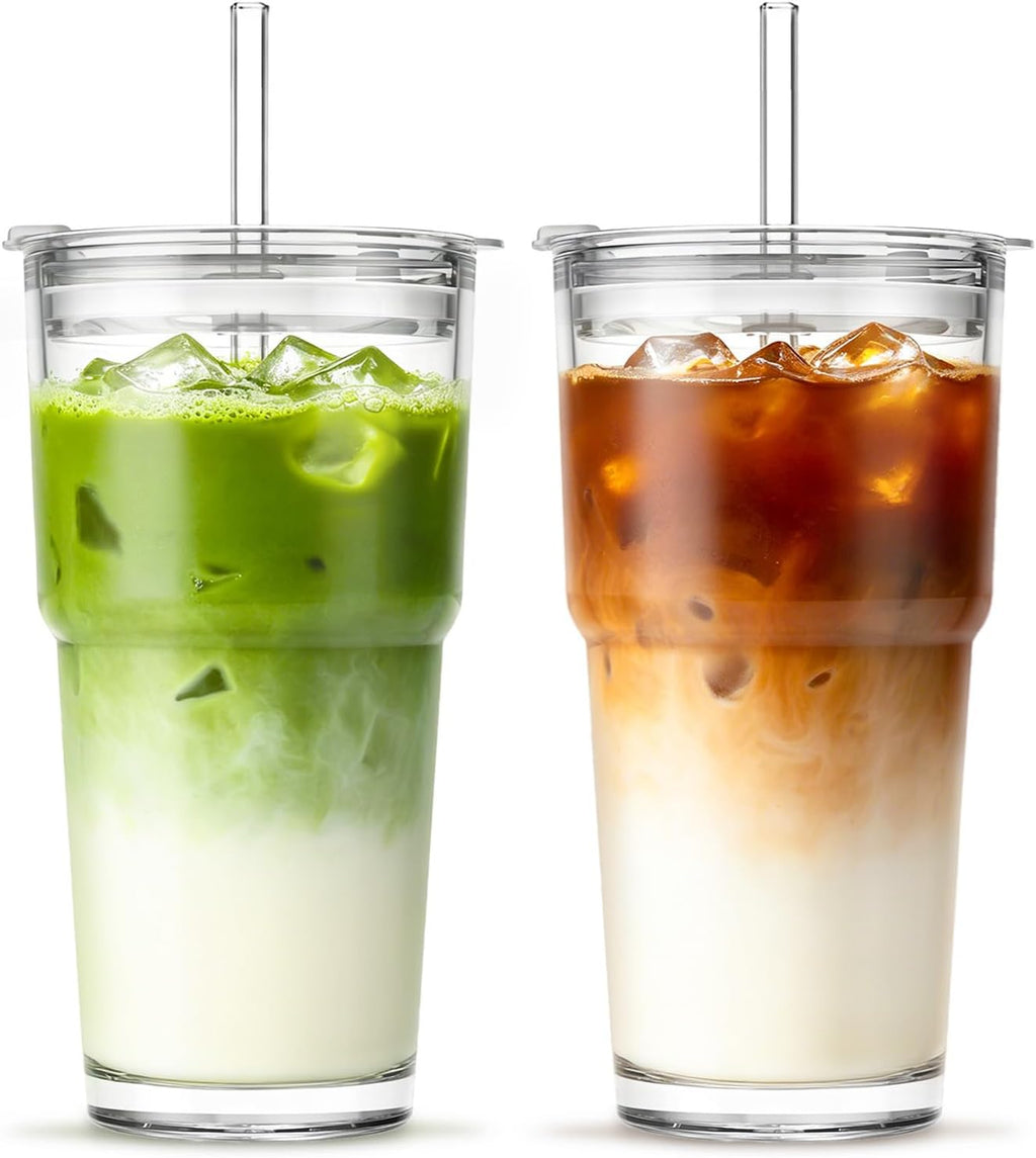 20 oz Clear Glass Cup with Lid and Glass Straw, Set of 2 Thickened Glass Coffee Tumblers, Drinking Glasses with Straw