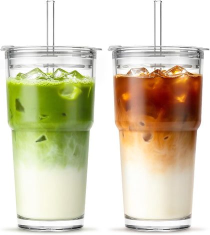 20 oz Clear Glass Cup with Lid and Glass Straw, Set of 2 Thickened Glass Coffee Tumblers, Drinking Glasses with Straw