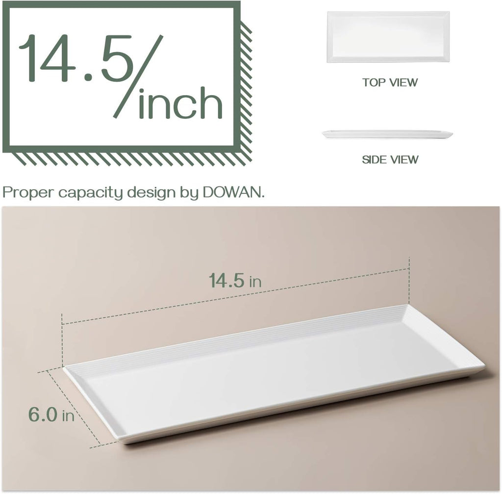 14.5" Rectangular Plates Set of 4 - Long Serving Trays for Sushi, Pasta, Chips, Appetizer, Cake - White Ceramic