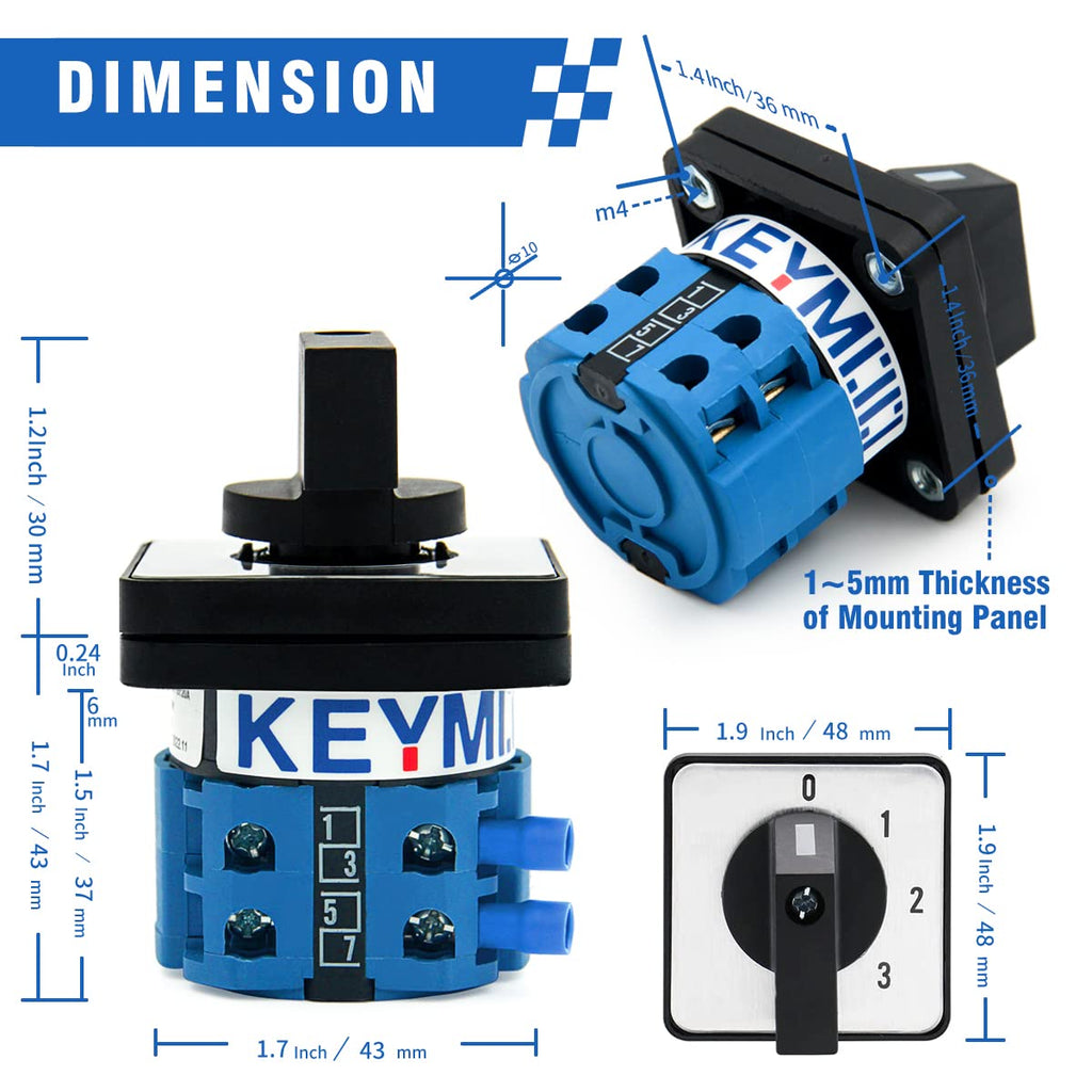 20A Rotary Changeover Switch 660V 4 Position 2 Poles 8 Terminals,Universal Selector Switch with Blue Fork Terminals IP65 CE 20/0-3.2