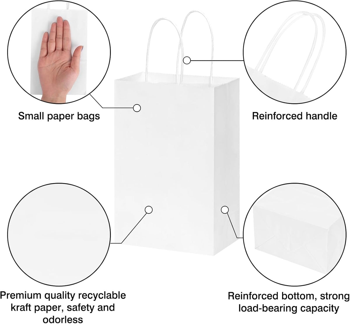 60pcs Small White Paper Gift Bags with Handles Bulk, 5.25x3.2x8in