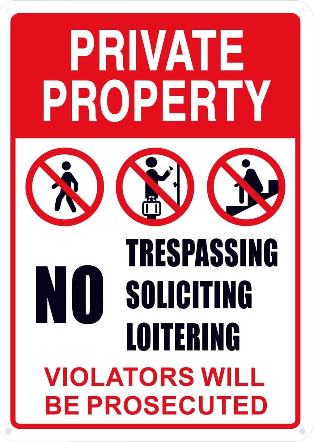 No Trespassing, No Soliciting, No Loitering Sign - 10x14 in Aluminum Warning Sign for Indoor/Outdoor