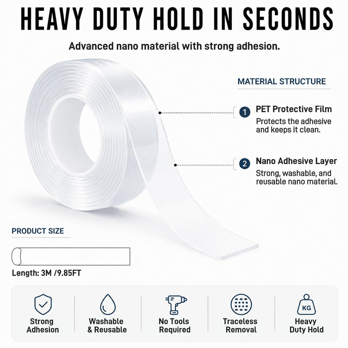 Nano Tape Double Sided Heavy Duty 2''×10Ft Removable Washable No Residue