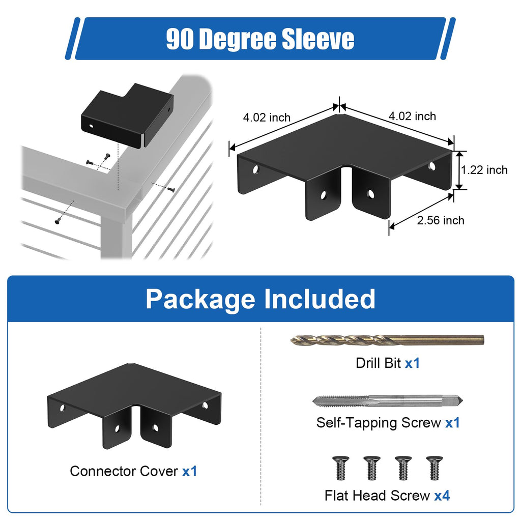 Flat Handrail Accessories, Aluminum Black Corner Connector for Handrail, 90 Degree Sleeve for Deck Cable Railing Post