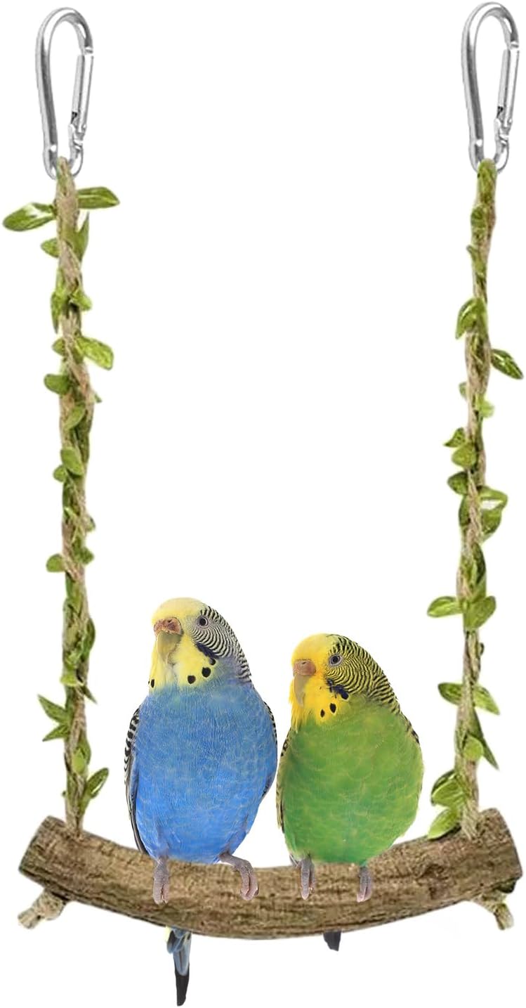 Natural Wood Bird Swing Perch with Decorative Leaves - 7.1" Durable Bird Stand Platform Toy for Cage, Hanging Budgie