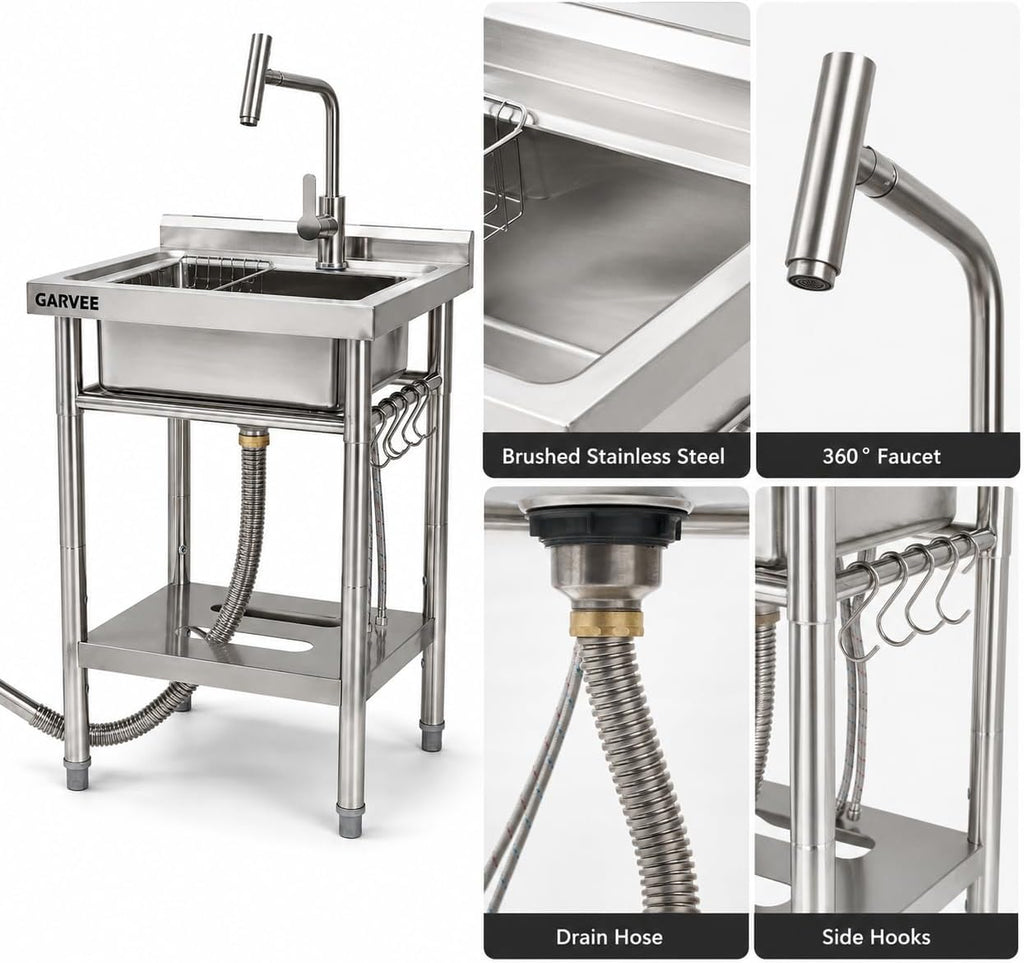 Freestanding Utility Sink 20" x 20" x 35", Stainless Steel Single Bowl Freestanding with T-Shaped Faucet, No Drawer