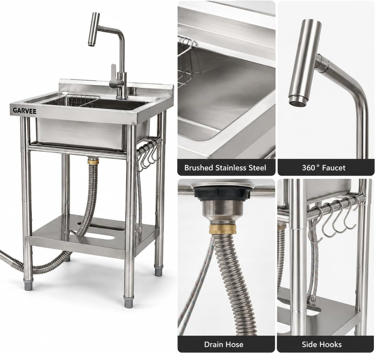 Freestanding Utility Sink 20" x 20" x 35", Stainless Steel Single Bowl Freestanding with T-Shaped Faucet, No Drawer