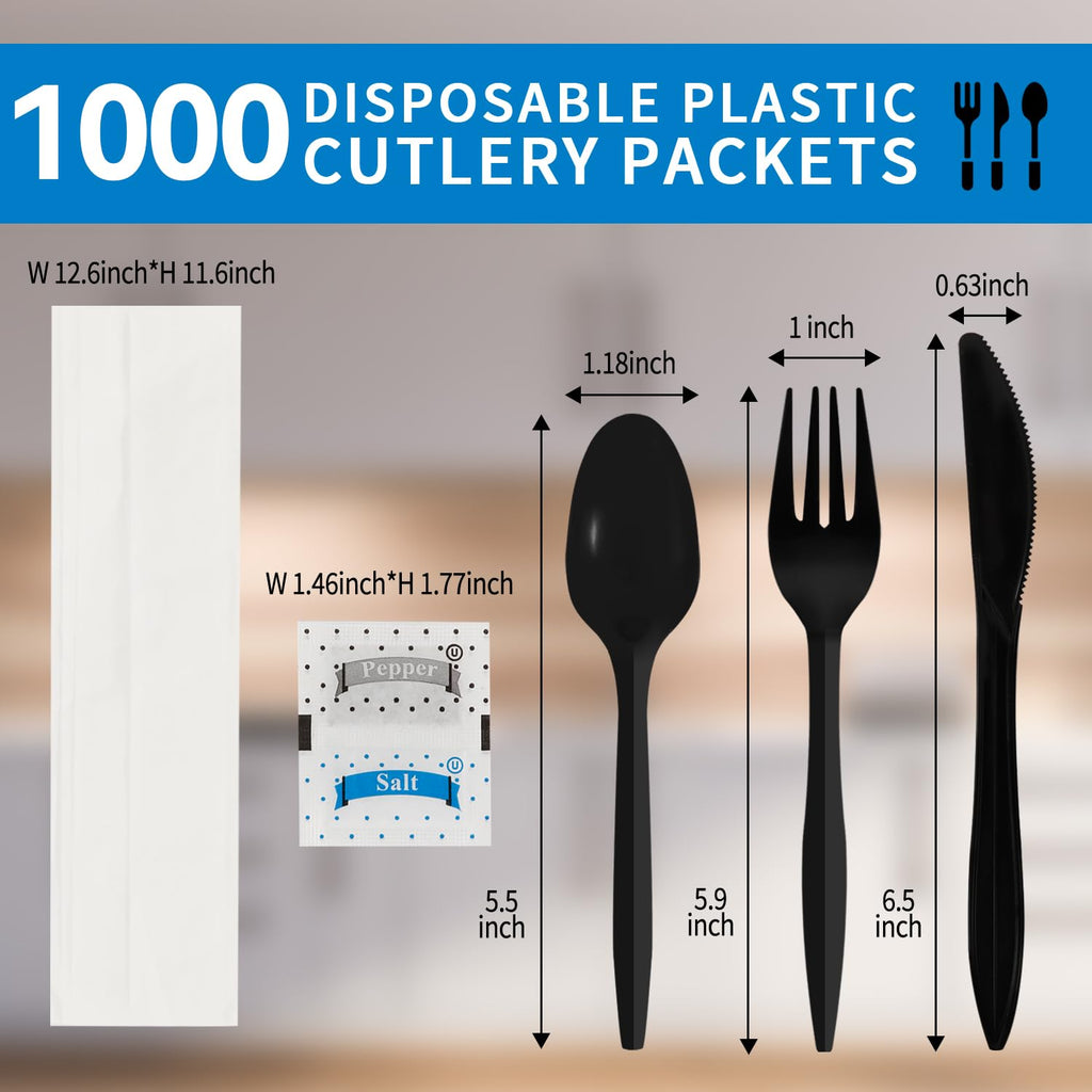 Knife Fork Spoon Napkin Salt Pepper Sets, Individually Wrapped Black Plastic Cutlery Packets for Delivery