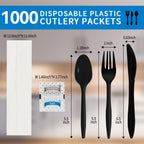 Knife Fork Spoon Napkin Salt Pepper Sets, Individually Wrapped Black Plastic Cutlery Packets for Delivery