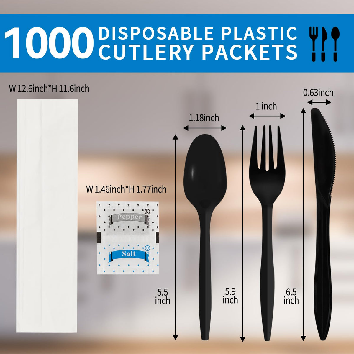 Knife Fork Spoon Napkin Salt Pepper Sets, Individually Wrapped Black Plastic Cutlery Packets for Delivery