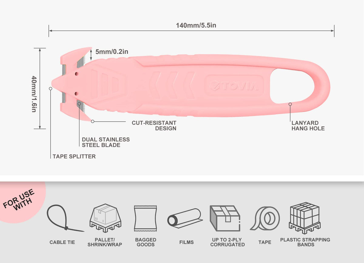 Safety Box Cutter Knife, Recessed SS Blade, 10-Pack, Pink