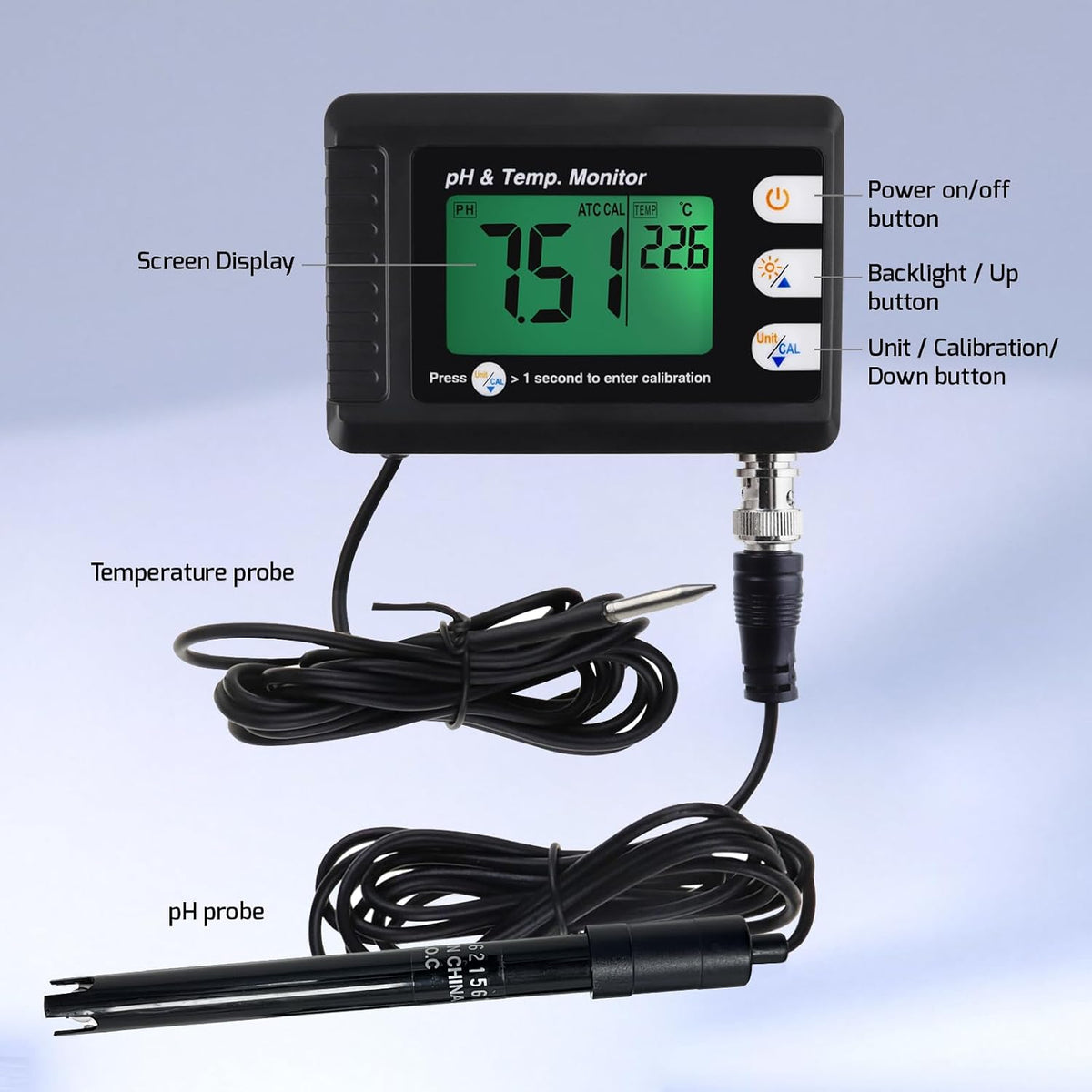 Digital Combo pH & Temperature Meter, Aquarium Thermometer pH Monitor with Automatic Calibration Function for Fish