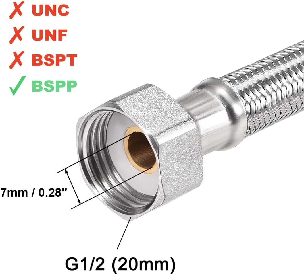 BSPP Faucet Supply Line Connector G1/2 Female x G1/2 Male 8 Inch Length 304 Stainless Steel Hose
