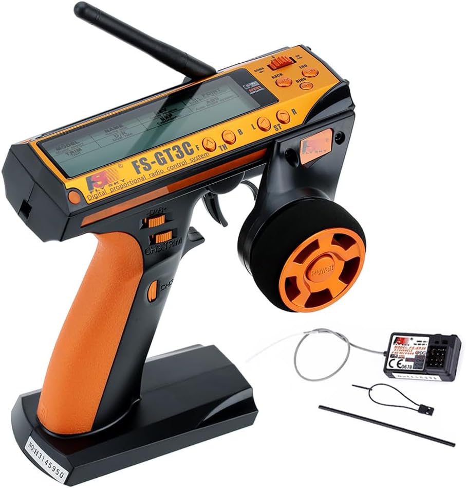 FS-GT3C RC Transmitter with FS-GR3E Receiver, 2.4GHz 3 Channel LCD Remote Controller and Receiver for RC Car Boat
