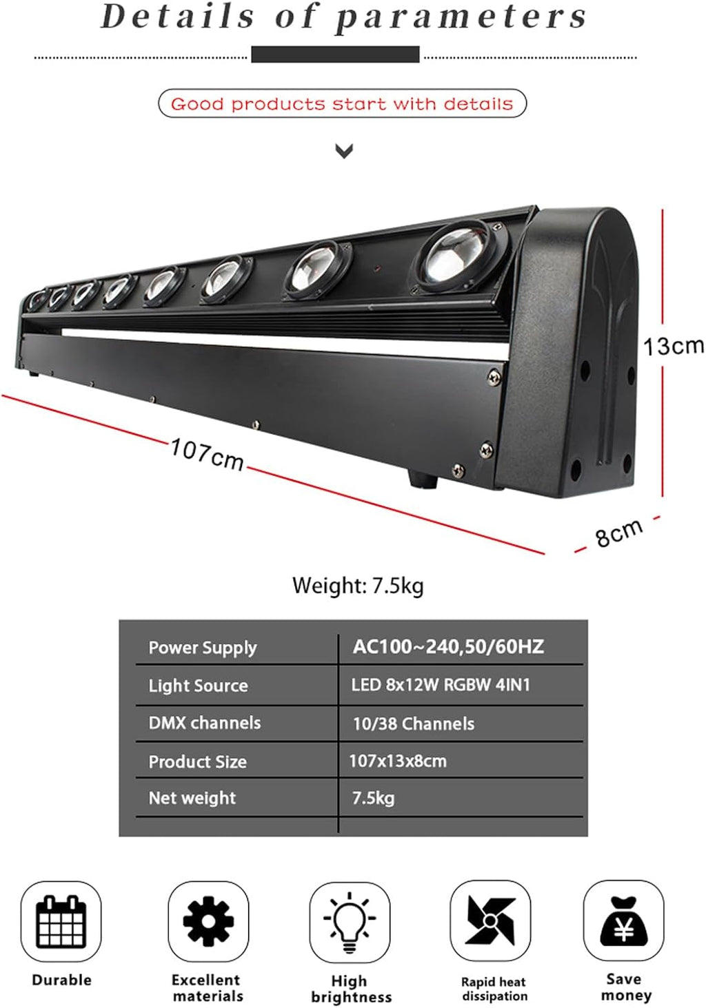 Moving Head Led Light Bar LED 8x12W, RGBW 4IN1 | Beam & Dazzling Effect, 8° Lens, 180° Tilt,DMX & Sound Control dj