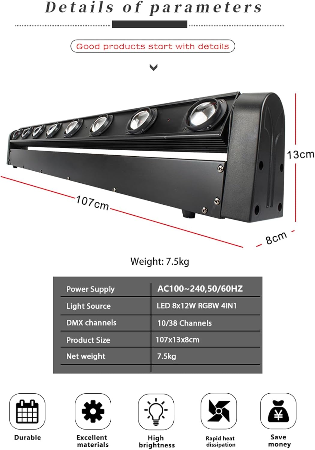 Moving Head Led Light Bar LED 8x12W, RGBW 4IN1 | Beam & Dazzling Effect, 8° Lens, 180° Tilt,DMX & Sound Control dj