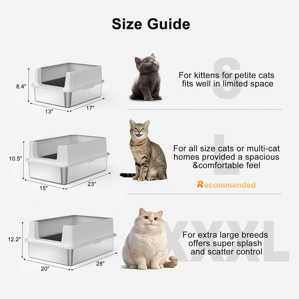 Stainless Steel Cat Litter Box, Easy-Clean High-Sided Metal Litter Box, Open-Top Litter Pan for Small Cats, Includes