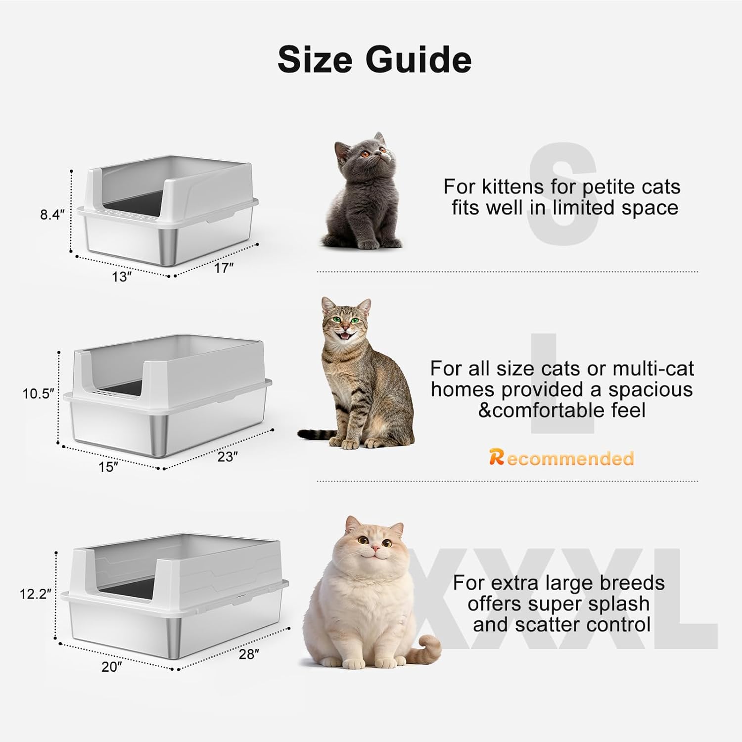 Stainless Steel Cat Litter Box, Easy-Clean High-Sided Metal Litter Box, Open-Top Litter Pan for Small Cats, Includes