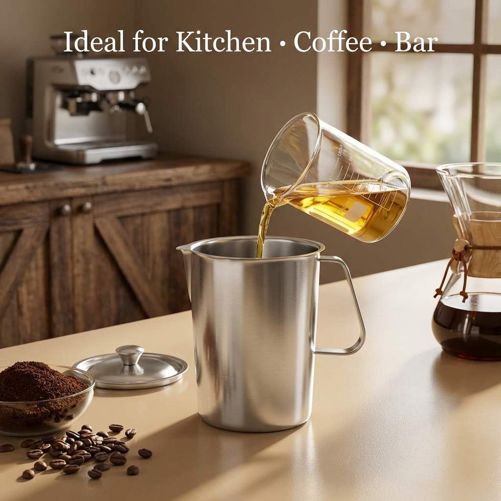 Large 70 oz Stainless Steel Measuring Cup with Removable Lid – Extra Capacity Marked Pitcher for Kitchen, Coffee &