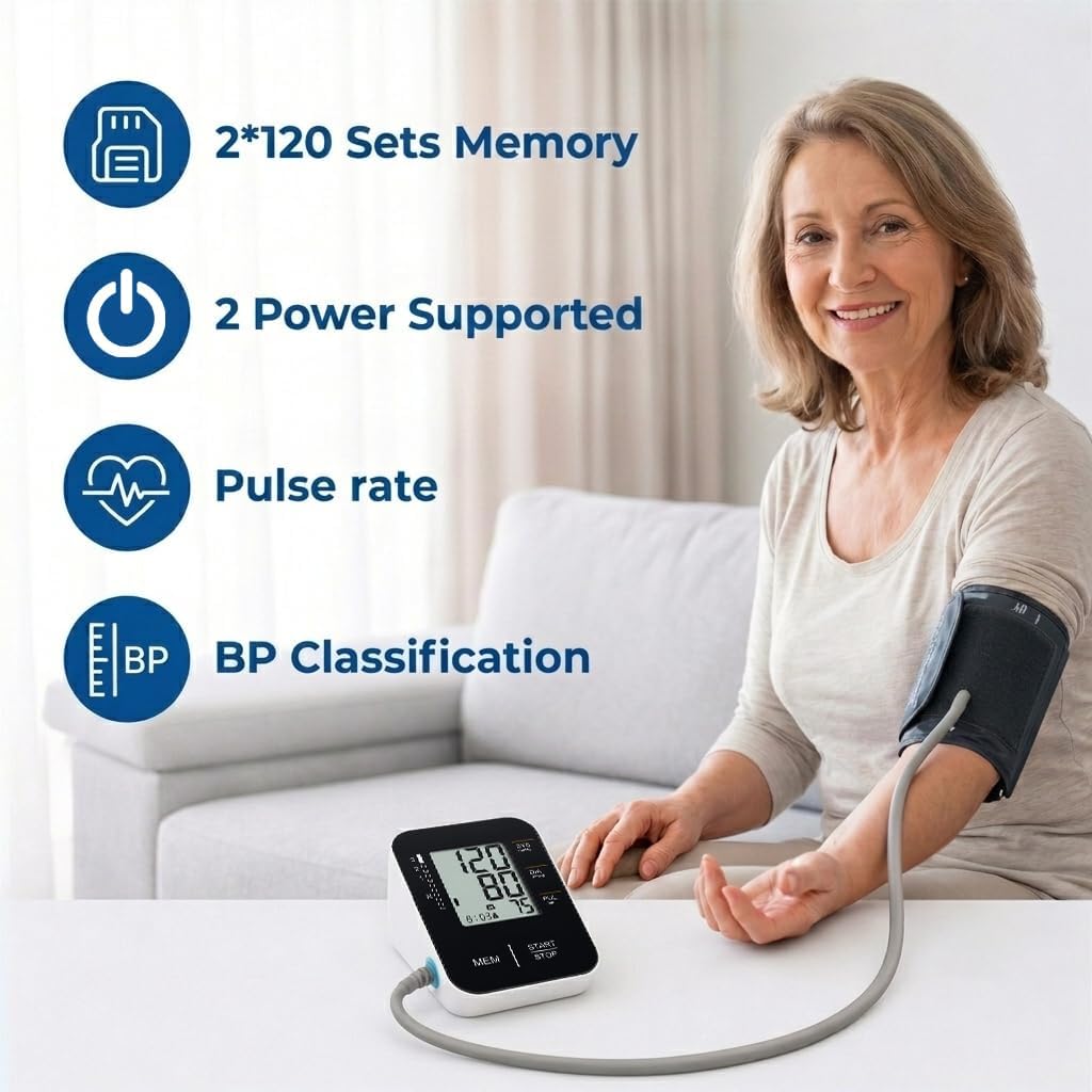 Blood Pressure Monitor Upper Arm Blood Pressure Cuff for Home Use with Large LCD Dual User Memory Adjustable Cuff