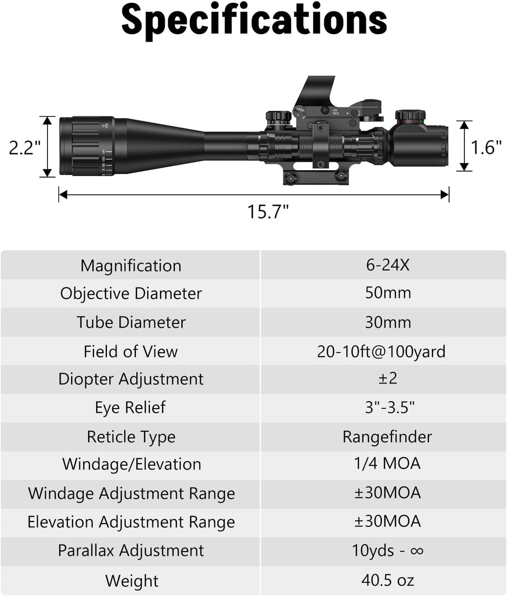 6-24x50 AO Rifle Scope Combo, Dual Illuminated Scope Optics with Holographic Red & Green Dot Sight, IIIA/2MW Laser