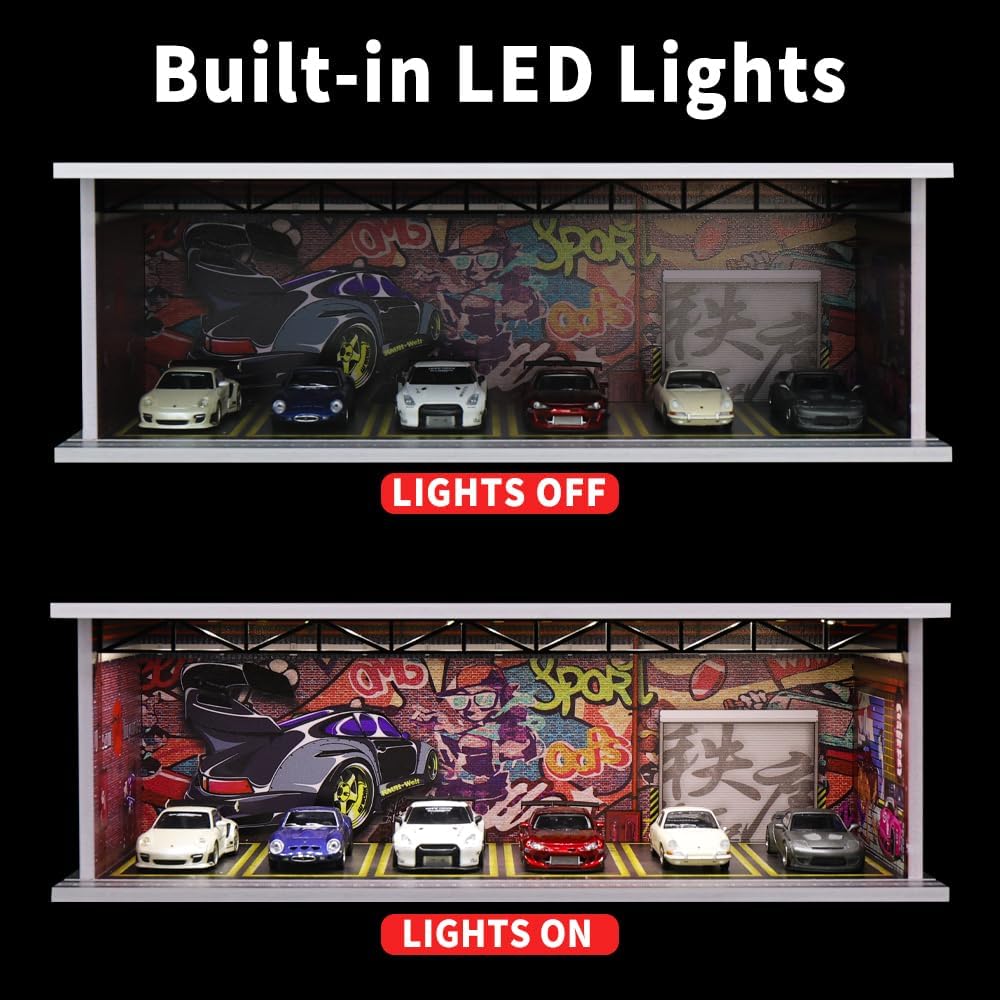 1/64 Scale Diorama Garage Display Case for Die-Cast Model Cars | Acrylic Cover, Storage with 6-Space Scene Parking