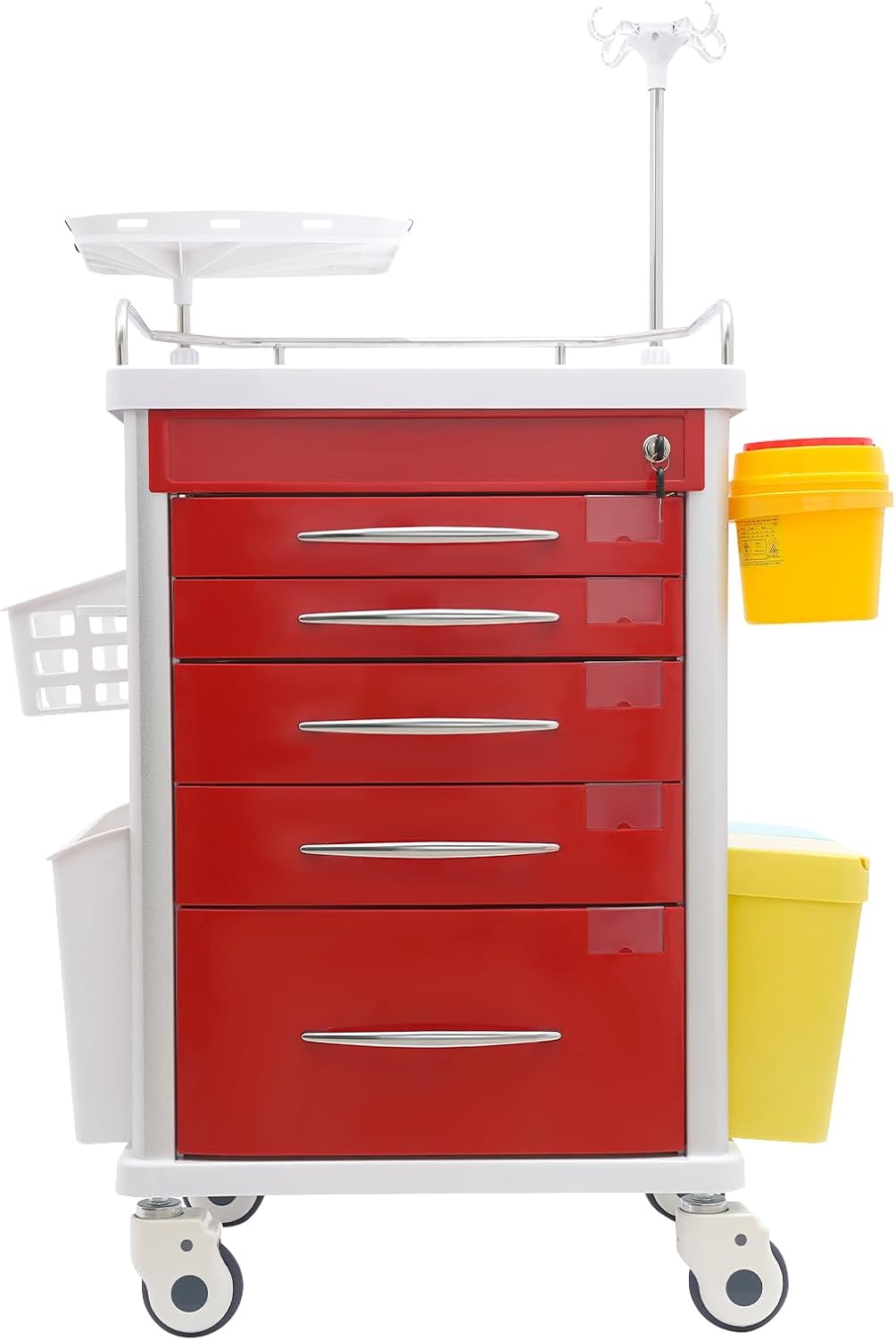 Medical Rolling Crash Cart with Accessories-CPR Board, 2 Trash Bin, Drawers with Dividers, Mobile Medical Cart for