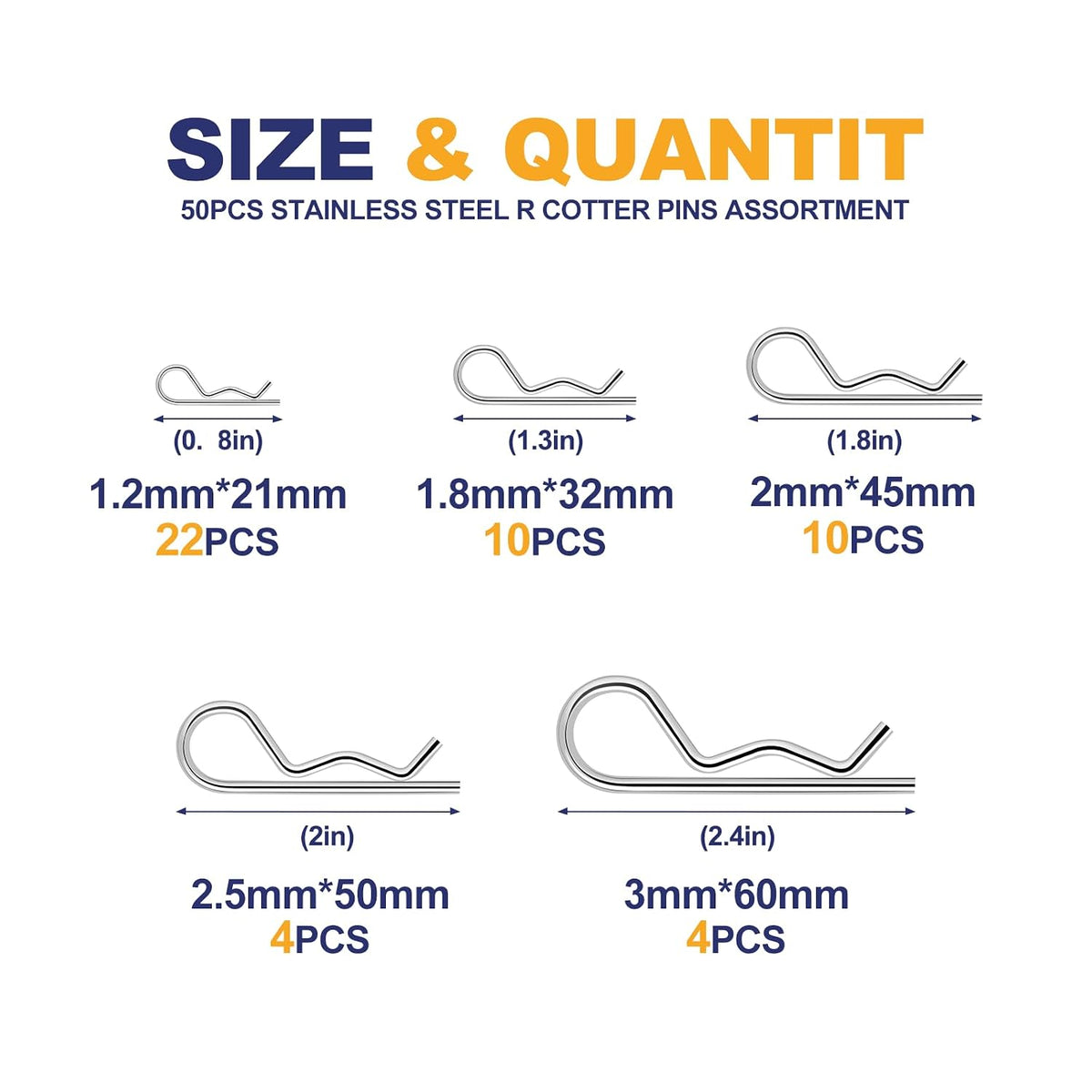 50 Pcs Cotter Pins Assortment Kit R Clips 5 Sizes