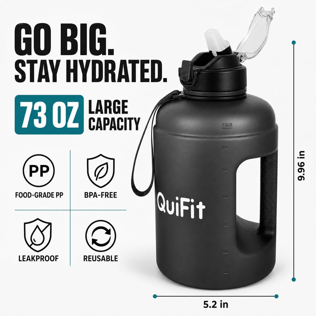 Half Gallon Water Bottle with 2 Lids,Dishwasher Safe,Shatter Resistant,73OZ Large Water Bottle with Time Marker - BPA