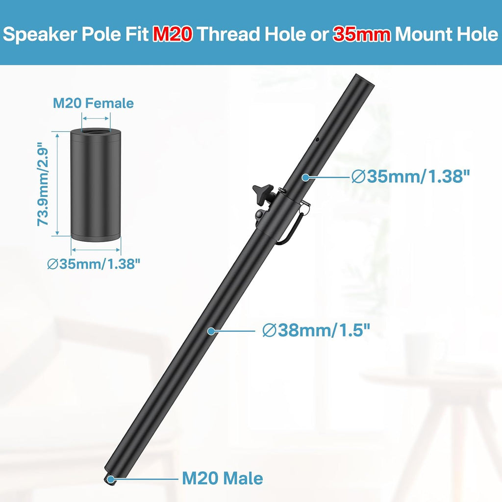 Speaker Pole Fits M20 Thread and 35mm Subwoofer Pole Mount, 1 Pack | 36"-44" Height Adjustable With Tool-Free Knob