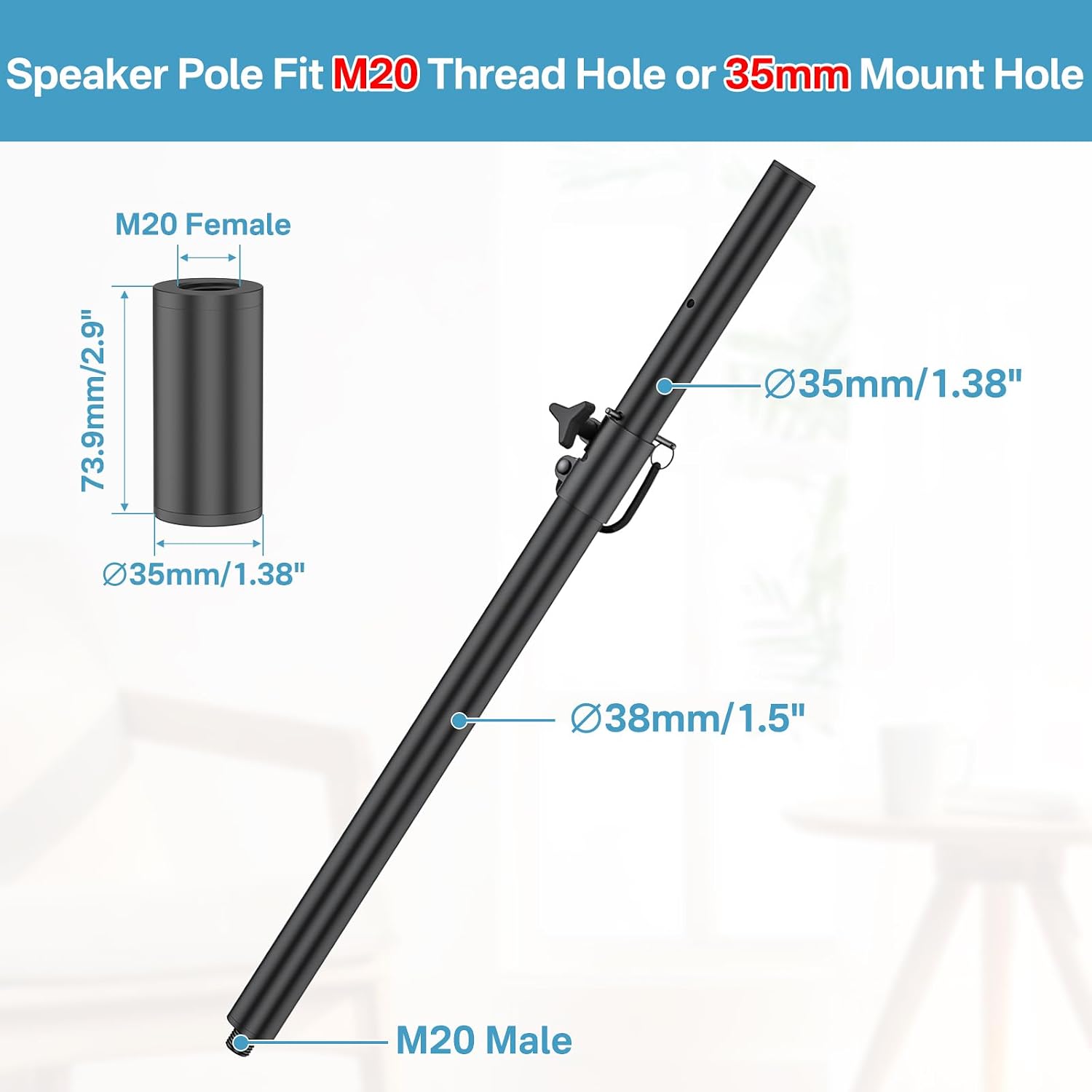 Speaker Pole Fits M20 Thread and 35mm Subwoofer Pole Mount, 1 Pack | 36"-44" Height Adjustable With Tool-Free Knob