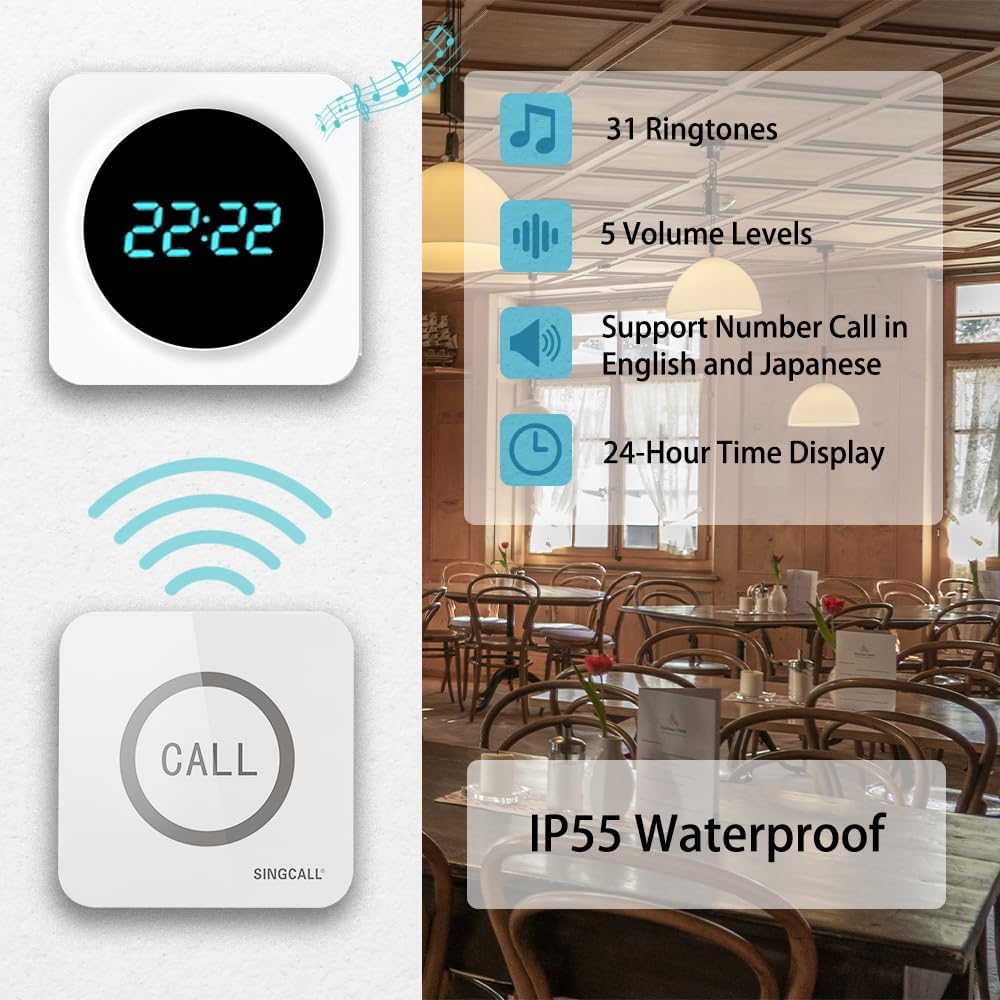 Restaurant Pager System, 2 Waterproof Wireless Call Buttons