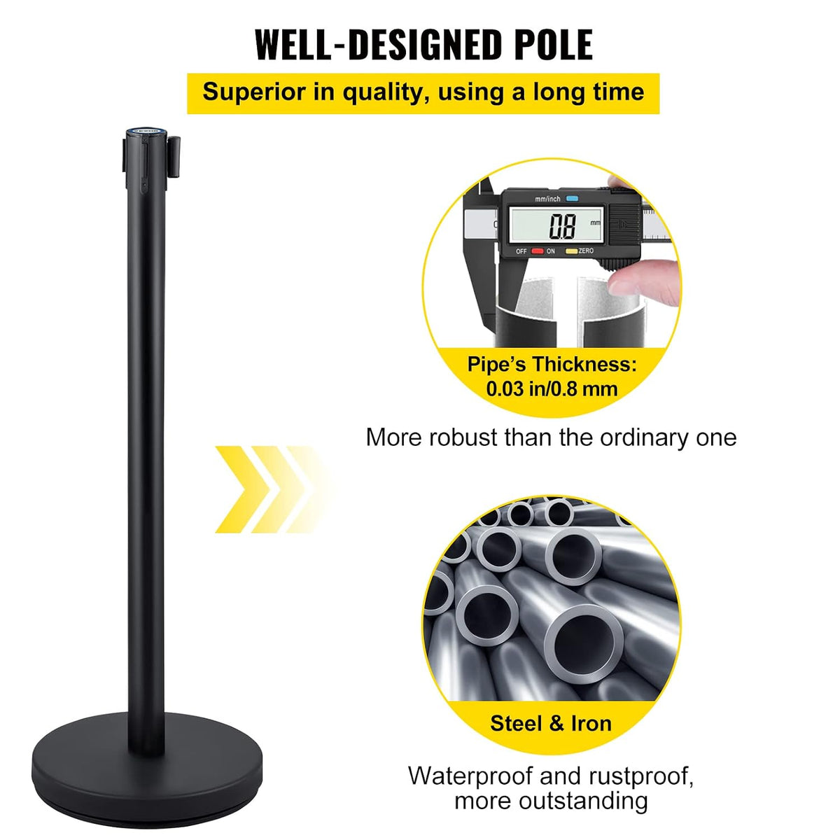 Crowd Control Stanchion Set, Stanchion Set with 6.6 ft/2 m Black Retractable Belt, Black Crowd Control Barrier