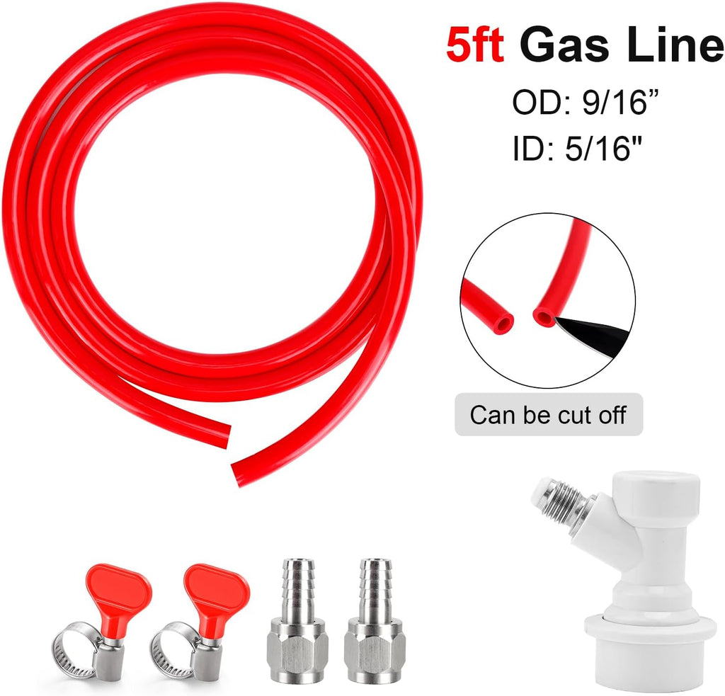 5 FT CO2 Line Ball Lock Keg Fitting Kit, 5/16" OD PVC Brewing Line | Quick Disconnect & Hose Clamp, Barb for Homebrew