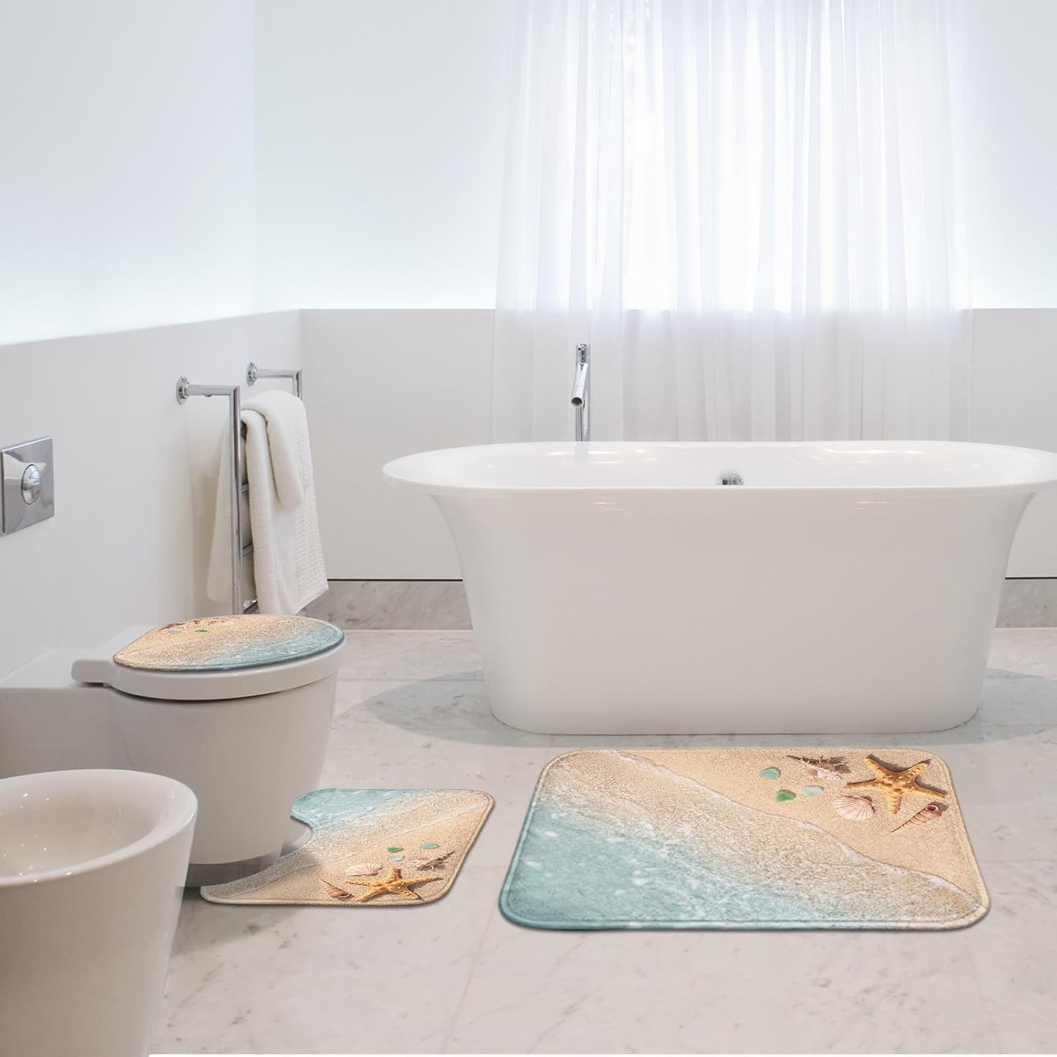 Bathroom Rug Set of 3, 3 Pieces Bath Mats Set, Beach Starfish No Silp Washable Cover Floor Rug Decorations for
