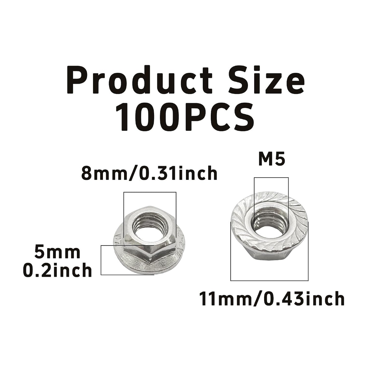 100Pcs M5-0.8 Serrated Flange Hex Nuts, 304 Stainless Steel, Full Thread, Lock Nuts for DIY, Home, Auto & Industrial Fastening, Rustproof Metric Hexagon Flange Lock nut