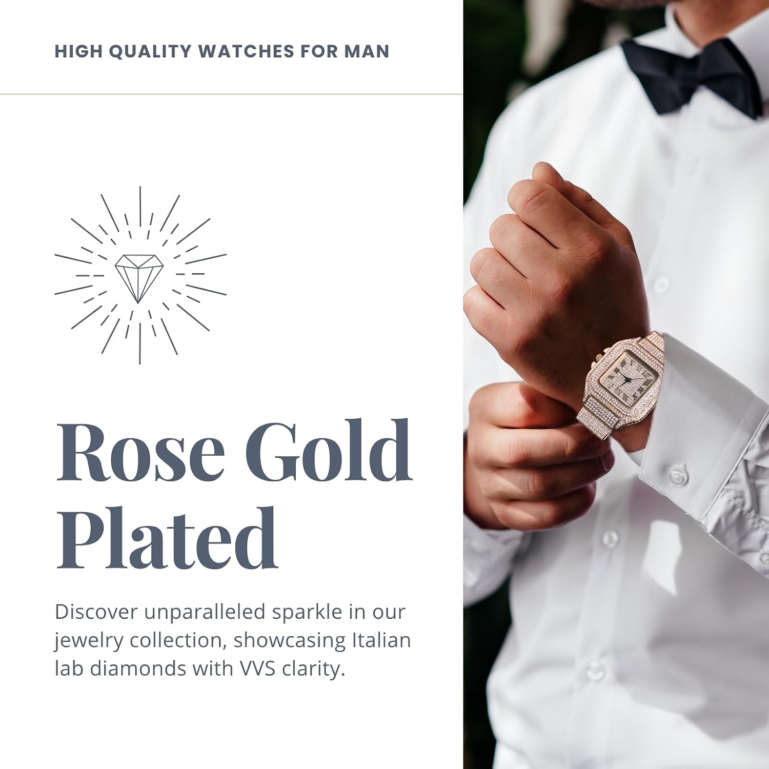 Diamond Watch for Men - 40mm Roman Numerals Square Dial - 18K Real Gold/Platinum/Rhodium Black/Rose Gold Plated 8.7"