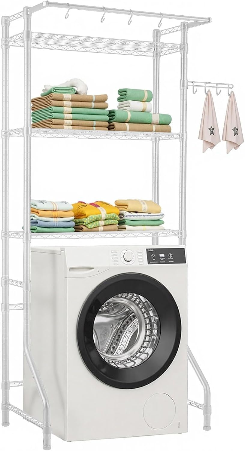 Over the Washer and Dryer Storage Shelf, 3 Tier Laundry Room Drying Rack with Hanger Rod and Hooks, Adjustable Over