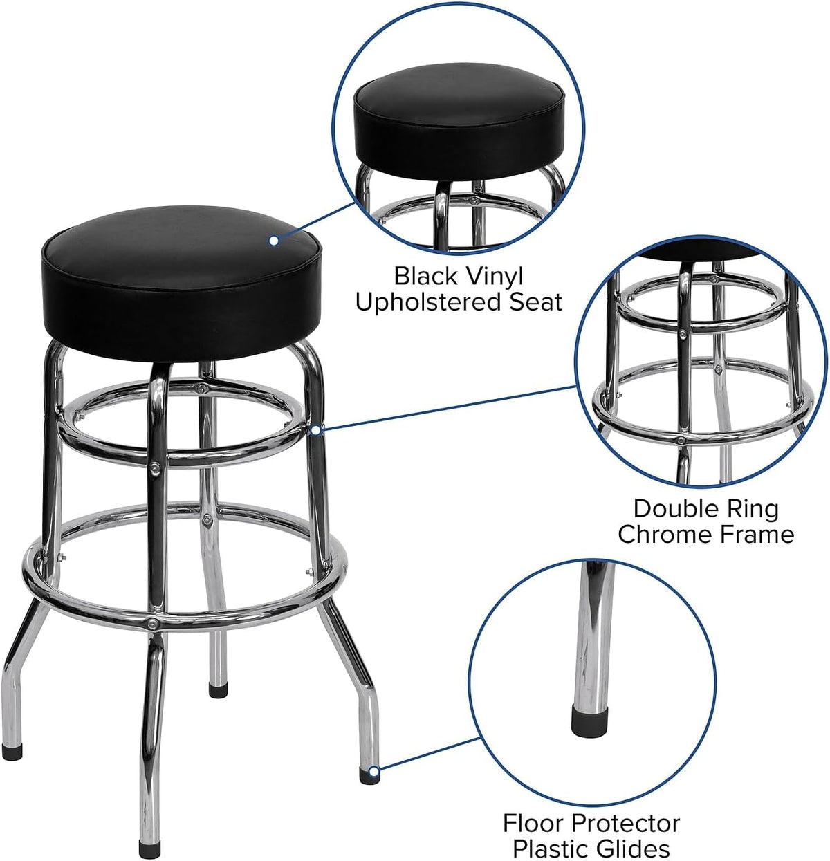 Double Ring Barstool with Padded Seat, Black, 2-Pack