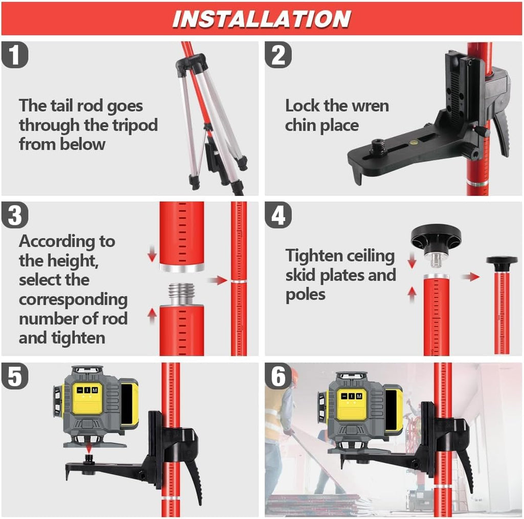 12 Ft./3.7M Telescoping Laser Level Pole, Adjustable Laser Pole with Tripod, 1/4"-20 and 5/8"-11 Threaded Adapter of
