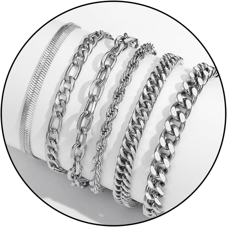 6 Pcs Chain Bracelet for Men, Stainless Steel Cuban Curb Link Rope Paperclip Figaro Herringbone Chain Bracelets Set
