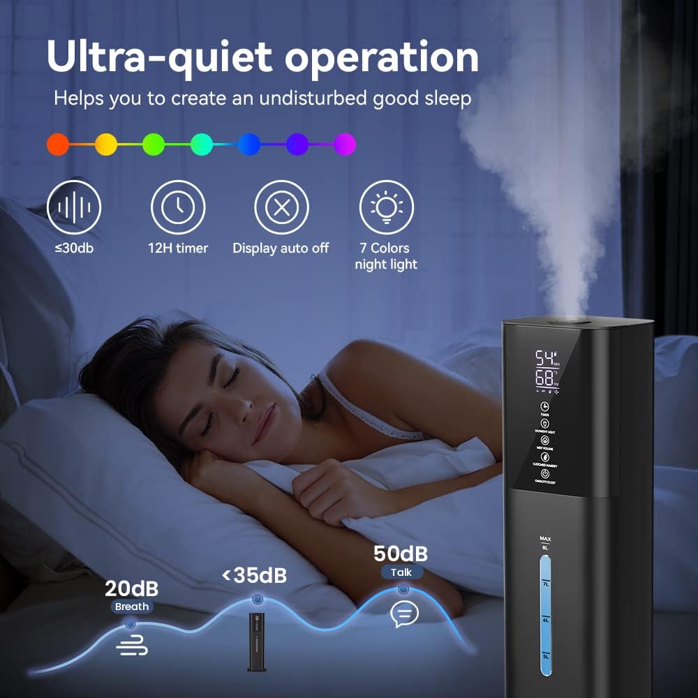 Humidifiers Large Room Bedroom with 7 Colors Light, 2.1Gal(8L) 3 Speed Quiet Ultrasonic Cool Mist Humidifier with